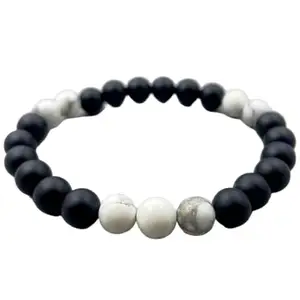 RRJEWELZ Natural Black Onyx & Howlite 8mm Round Shape Smooth Cut Beads 7.5 Inch Stretchable Bracelet For Men & Women. Unisex Bracelet For Healing, Meditation, Prosperity, Gift & Luck|STBR_RR_10713_7.5