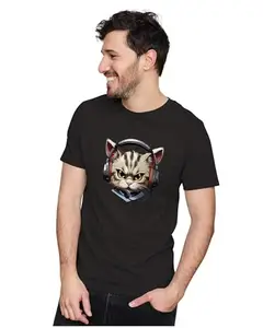 Men's & Women's Regular Fit T-Shirt Gamer Cat Wearing Headset 100% Cotton Unise T-Shirt Black; _CATEARP29-Black S Men Round_bz