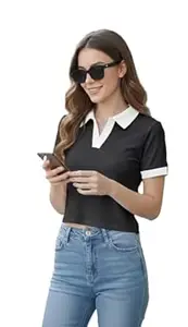 TQH Women's Collared Neck Half Sleeve Slim Fit Casual Tee Top