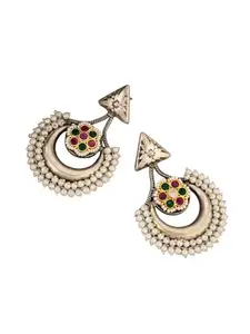 Atibelle german Silver Plated & multicoloured stone - studded floral shaped beaded chandbali earrrings