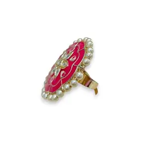 ACCESSHER Gold Tone Traditional Finger Ring For Women | Kundan Studded, Meenakari & Pearl Detail Ethnic Adjustable Finger Ring For Women & Girls (Design 4)