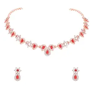 Illuminate your style with our Rosegold Polished AD Necklace Jewellery set, paired with exquisite earrings.(AB_Fena-RG-Red)