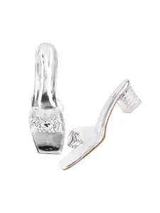 TRYME Stone Studded Block Heels Attractive Fancy and Comfortable Transparent Party Kitten Heel For Womens & Girls
