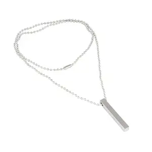 National Unisex Fancy & Stylish Silver Color Metal 3D Cuboid Vertical Bar Stick Custom Name Pendant Locket Necklace With Clavicle Chain Jewellery Set