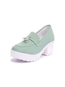 FASHIMO Women's Round-Toe Block Heels Loafers? Elegant Tassel Loafer for Formal and Casual Wear Olive