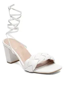 Bruno Manetti women's White Slipon Back Strap Square Toe Braided Design Comfort Heel Sandals