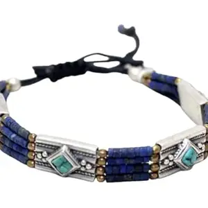 Rajasthan Gems Adjustable Bracelet 925 Sterling Silver Natural Turquoise & Lapis Lazuli Gem Stone Tibetan Nepal Handmade Women Gift H519