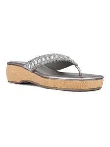 Inc.5 Women Pewter Casual Embellished Round Toe Wedge Heel Sandals