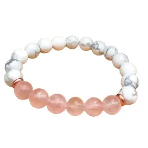 RRJEWELZ Natural Rose Quartz & Howlite 8mm Round Shape Smooth Cut Beads 6.5 Inch Stretchable Bracelet For Men & Women. Unisex Bracelet For Healing, Meditation, Prosperity, Gift & Luck|STBR_RR_07105_6.5