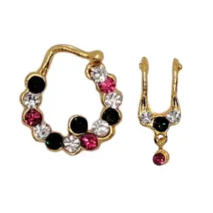 Bullaku Nose Ring White & Pink Stones Medium size | Traditional Mookuthi/Septum Ring for Women & Goddess Decoration | Nose Pin for Bharatanatyam & Lakshmi Idol Jewellery Set (Multi, Small)