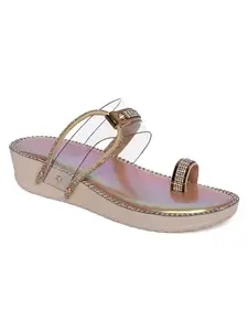 Fiia Women Stylish Fashion Sandals Transparent Upper With Embellished Design For Wedding & Party Gold UK-5