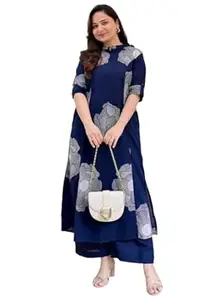 ANNI Designer Women Viscose Blend Straight Fit Printed Kurta Palazzo Set | Mandarin Neck Outfit | Lightweight Breathable Fabric | Comfortable Elegant Styling for Office Casual Wear