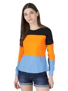 SELVIKE Women Color Block Round Neck Cotton Blend.Black, Mustard,SkyblueT-Shirt(L)