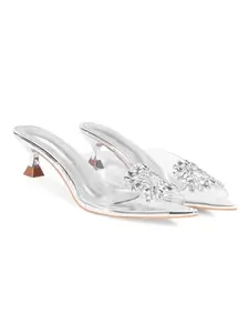 JM LOOKS Women's Kitten Heel Sandal Transparent Upper Embellished Rhinestone Pointed Peep Toe Sandal - Silver