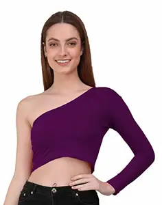 THE BLAZZE 1289 Women's Cotton One Shoulder Full Sleeve Crop Tops for Women (XS, Violet)