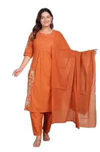 V.K.CRAFT Women's Cotton Embroidered Straight Kurti With Pant and Dupatta Set (Orange-XL)