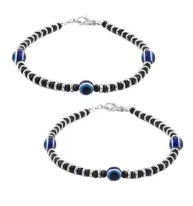 Ringzanio Black Beads With Three Evil Eye Anklet For Women and Girls | Set Of 2 pcs Anklet | Anklet For Women and Girls | Black and Silver Colour Beads with Evil Eye Anklet.