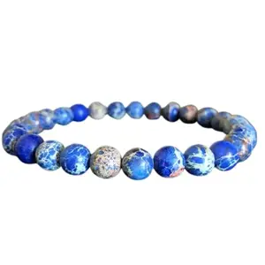 RRJEWELZ Natural Blue Imperial Jasper 8mm Round Shape Smooth Cut Beads 7.5 Inch Stretchable Bracelet For Men & Women. Unisex Bracelet For Healing, Meditation, Prosperity, Gift & Luck|STBR_RR_10380_7.5