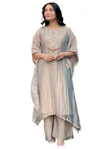 GoSriKi Women Roman Glass A-Line Kurta with Palazzo | Embroidered Kurta Set for Women | Round Neck A-Line Ethnic Kurta Palazzo Outfit for Casual Festive & Party