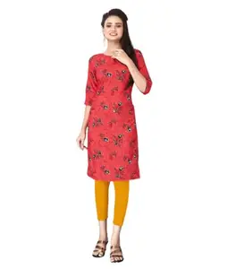 Women's Casual 3/4th Sleeve Floral Print Polyester Knee Length Straight Kurti (Red, 2XL)-PID45491
