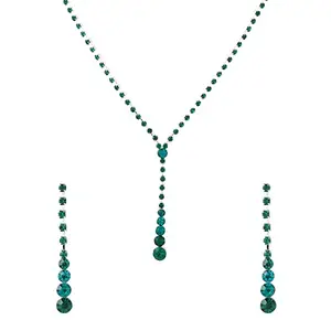 Yellow Chimes Jewellery Set For Women Silver Tone Drak Green Crystal Studded Necklace With Dark Green Crystal Dangler Earring For Women and Girls