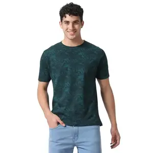 Urbano Fashion Men's Dark Green Printed Slim Fit Cotton T-Shirt (aopleafhalf-drgreen-l)