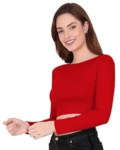 THE BLAZZE 1138 Women's Cotton Basic Sexy Solid Round Neck Slim Fit Full Sleeve Saree Readymade Saree Blouse Crop Top T-Shirt for Womens (L, Red)
