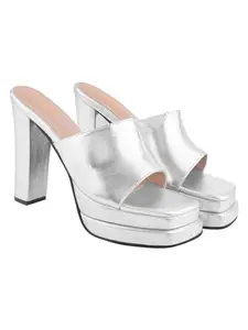Shoetopia Stylish Solid Silver Block Heels For Women & Girls