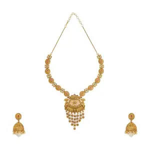 Kushal's Fashion Jewellery Ruby-Green Gold Plated Ethnic Antique Necklace Set - 426148