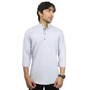 ORIGENS Luke S Black Men's Slim fit Short Kurta | Solid Linen Kurta | Mandarin Collar | Full Sleeve | Cotton Blend