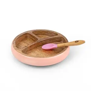 Taabar Toli Taabartoli Wooden Round Plate with Silicone Suction and Spoon | Kids and Toddler Suction Cup Plate for Babies | Pink (Plate - 18 x 18 x 5 Cms Spoon - 13.5 x 3 x 2 cms)
