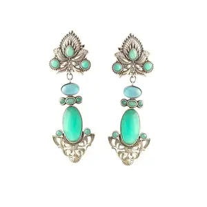 Ethnic Style Dangling Earrings with Green Blue Monalisa Stones