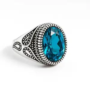 Vintage Style Statement Ring, Blue Crystal Stone, Antique Silver colour Tone, Ornate Design