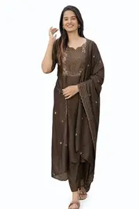 ALAKHI STUDIO Women Cotton Kurta Pant Set with Chanderi Cotton Dupatta | 3-Piece Straight Fit 3/4 Sleeves Kurta with V-Neck | Ethnic, Festive & Casual Wear for Women| 3 Piece Set