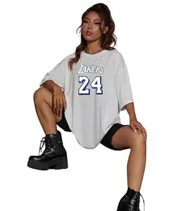 Men and Women Cotton Blend Oversized Lakers 24" T-Shirt | Round Neck and Half Sleeves Oversized T-Shirt | (Lakerz-T-Shirt-White-XXL)