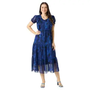 DHARESWAR ENTERPRISE Women's Georgette Maxi Dress Digital Floral Printed One Piece Western Long Dresses for Women (in, Alpha, 2XL, Blue)