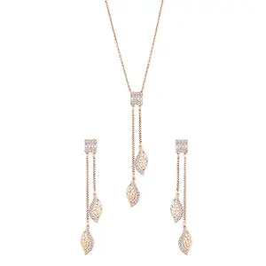 Peora Rose Gold Plated White Cubic Zirconia Studded Fancy Pendant Chain Necklace With Drop Earrings Stylish Fashion Jewellery Gift for Women & Girls