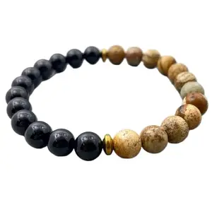 RRJEWELZ Natural Black Onyx & Picture Jasper 8mm Round Shape Smooth Cut Beads 7.5 Inch Stretchable Bracelet For Men & Women. Unisex Bracelet For Healing, Meditation, Prosperity & Luck|STBR_RR_10717_7.5