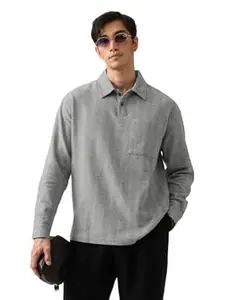 The Souled Store Grey Matter Men and Boys Long Sleeve Spread Collar Grey Solid Textured Cotton Oversized Fit Breathable Lightweight Everyday Casual Oversized Polos