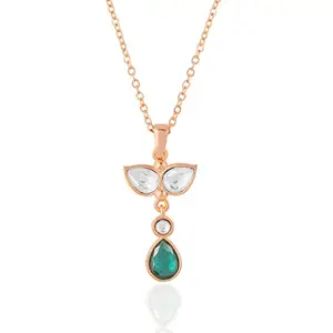 MINUTIAE Stylish Green & White Kundan Stone Pendant Necklace For Women With Extendable Chain (Rose Gold)