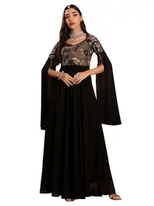 Miss Chase Women's Sweet-Heart Full Sleeve Embellished Slit Sleeve Maxi Georgette Dress (MCSS25D92-35-62-03, Black, S)