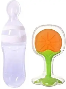 MOM'S PRIDE Newborn Baby Feeding Bottle Silicone Squeez Feeding Spoon Milk Cereal Training Feeder and Fruit Shape Silicone Teether (Set of 2) (White)