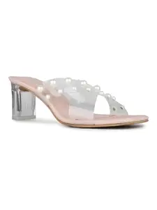 Inc.5 Womens Peach Party Wear Transparent Square Toe Heel Sandals