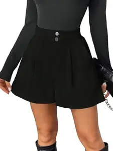 GRECIILOOKS Women's High Waist Tailored Shorts | Ribbed Poly Lycra Blend Summer Shorts with Pockets & Button Closure | Elegant Folded Hem Casual Wear for College, Brunch & Daily Outings