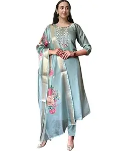 Bovkari Women's Slub Rayon Embroidery Kurta Pant with Floral Print Dupatta Kurta Set For Women