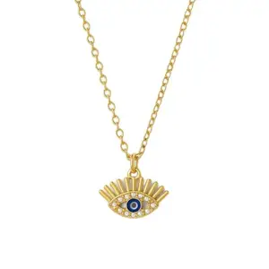 Evil Eye Pendant Necklace, Gold Plated with Blue Enamel and Crystal Accents