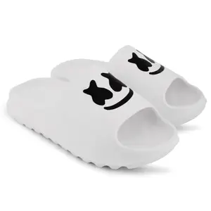 Fanspy Latest Trendy Mens and Boys White Smily Slider and Slipper chappal and Filpflops (White, 3)