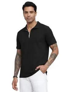 madfrog Men’s Solid Zip Polo Neck Half Sleeve Cotton Blend T-Shirt – Comfortable, Lightweight & Breathable Regular Fit Casual Top for Work, Travel & Everyday Wear