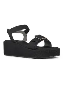 Inc.5 Women Black Ethnic Solid Round Toe Wedges Sandals