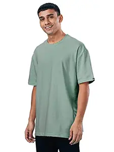 The Souled Store Sage Round Neck Green Color T-Shirt Solid Oversized T Shirts for Men Baggy Off-Shoulder Loose Fit Relaxed Drop Shoulder Half Sleeve Round Neck Back Printed